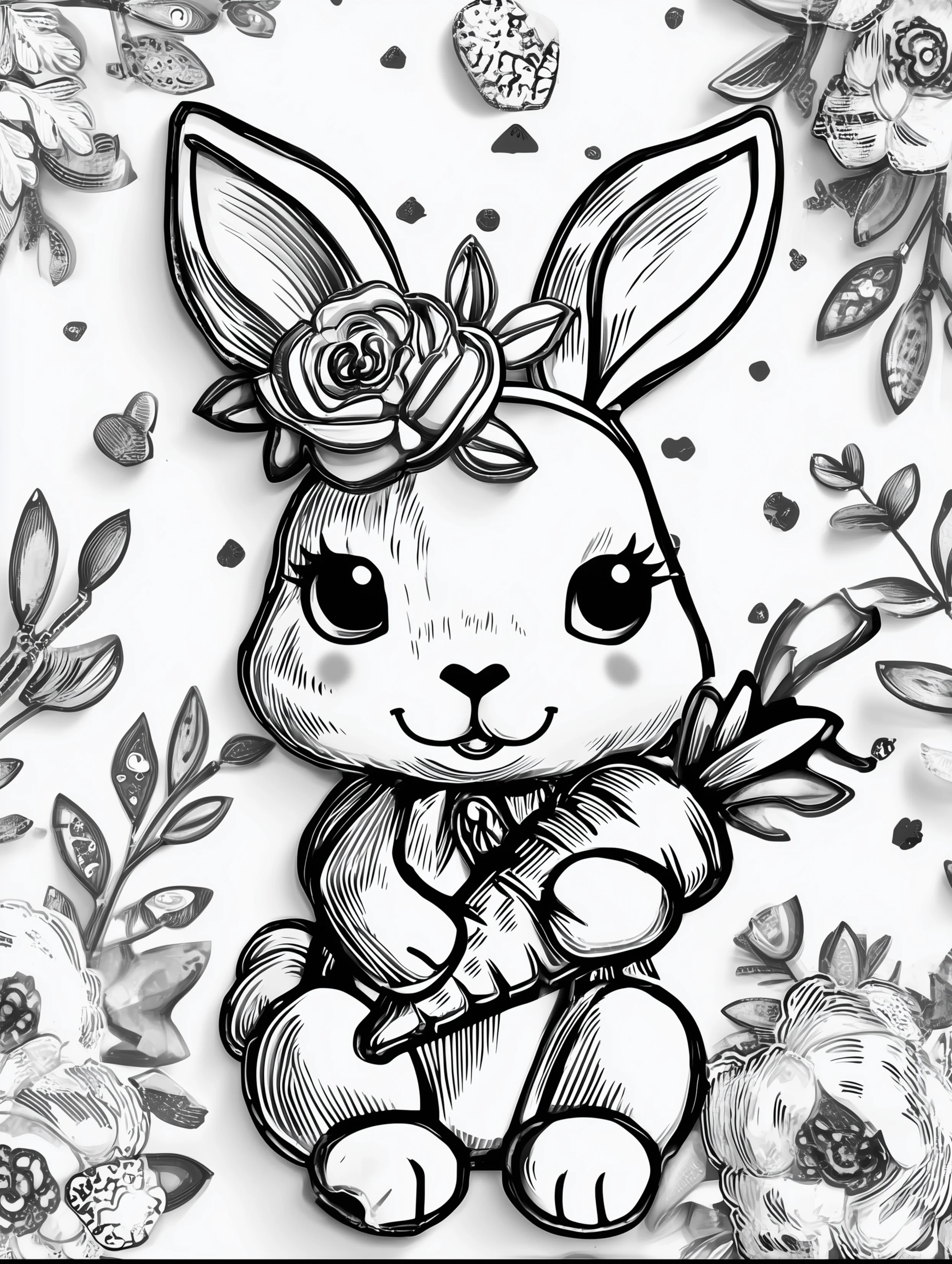 Free printable rabbit coloring page for adults featuring a sitting bunny with a carrot
